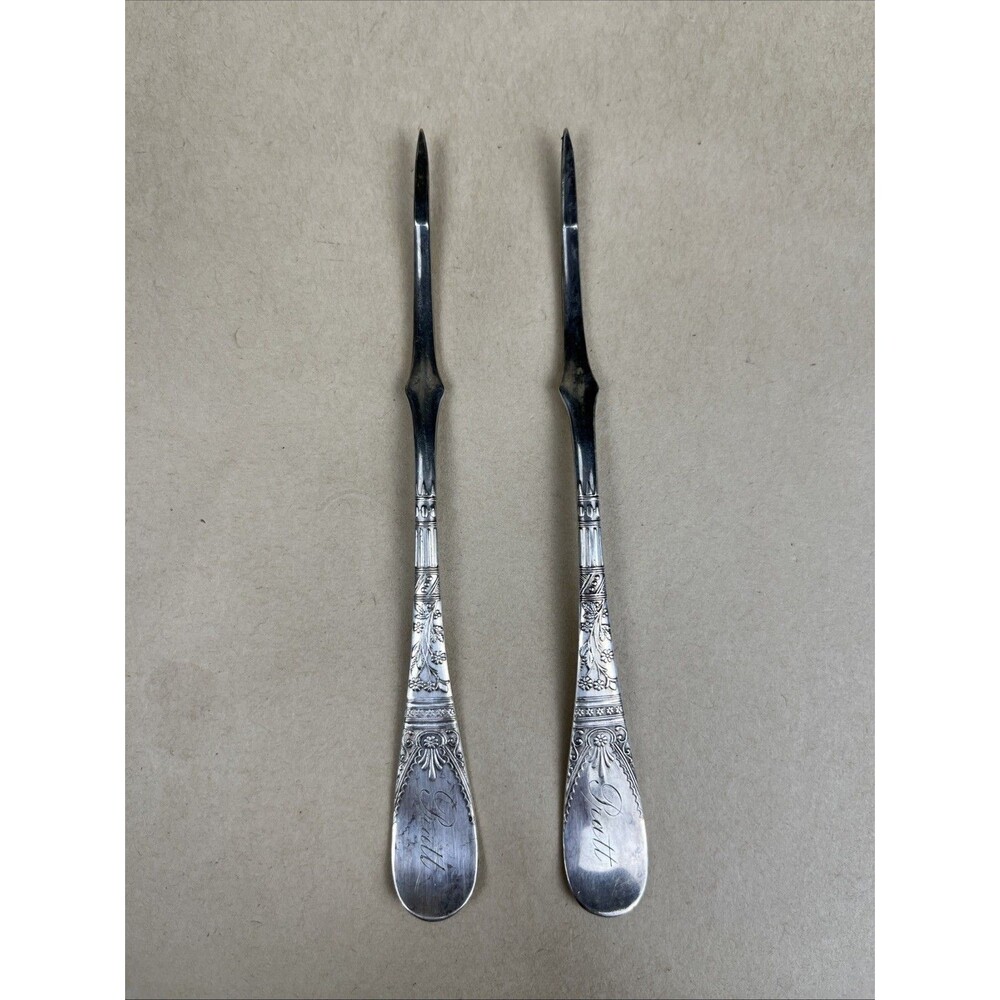 2 Rare Antique Silver Plate Nut Picks 1847 Rogers Bros A1 Lorne Monogram “Partt”